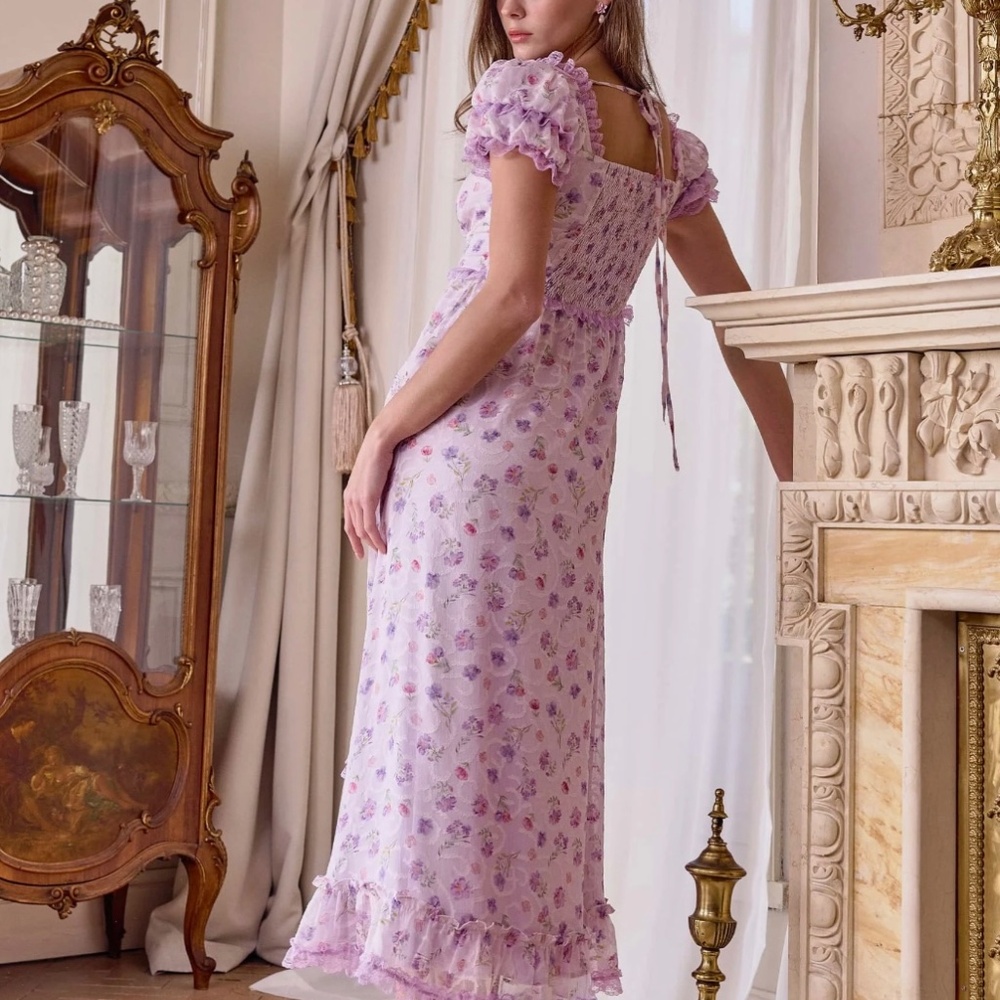 Violet Puff Sleeve Floral Chiffon Midi Dress - Picture 2 of 3